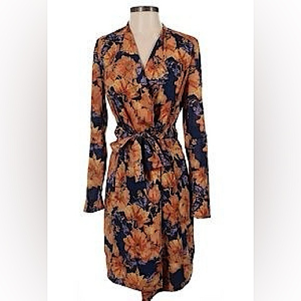Babaton Aritzia Blue Orange Quincy Floral Trench Cardigan Jacket Wrap Dress - Picture 17 of 17